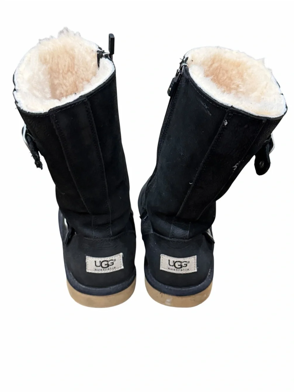 UGG, Black Suede Shearling-Lined Mid-Calf Boots with Buckle, Size 3